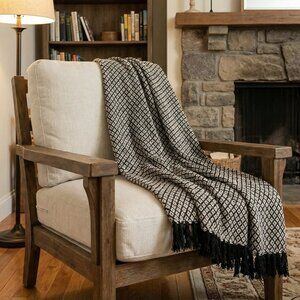 Black & Ivory Geometric Woven Throw Blanket w/ Fringe | Cozy Sofa Couch Throw |